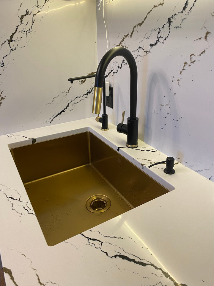 Brushed Brass Gold Undermount 100%-16 Gauge Commercial Grade Kitchen Sink Single Bowl 304 Stainless Steel with Nano Coated Technology