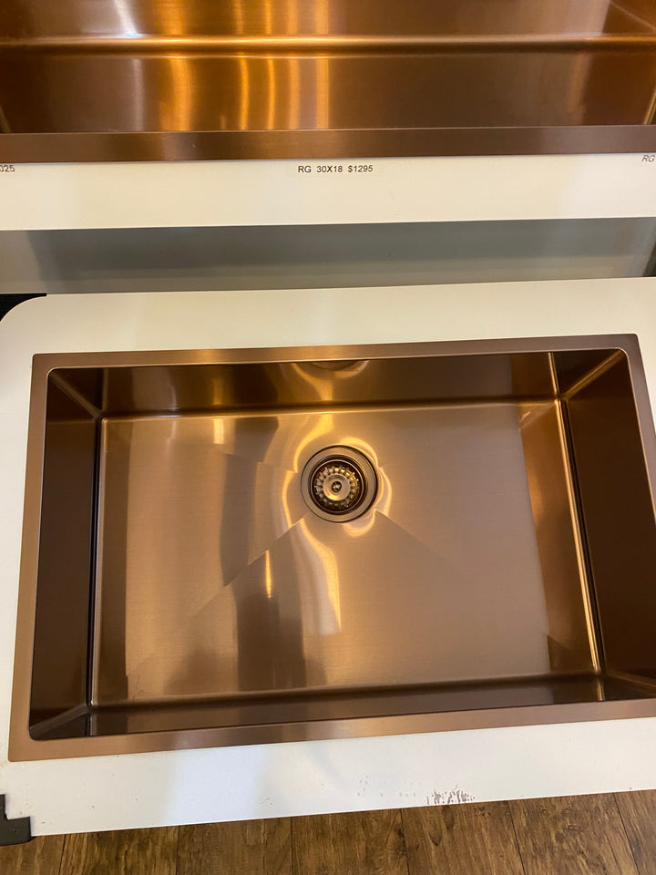 Cafe Brushed Copper Rose Gold Undermount Single Bowl Kitchen Sink made of Commercial Grade 16-Gauge Stainless Steel.