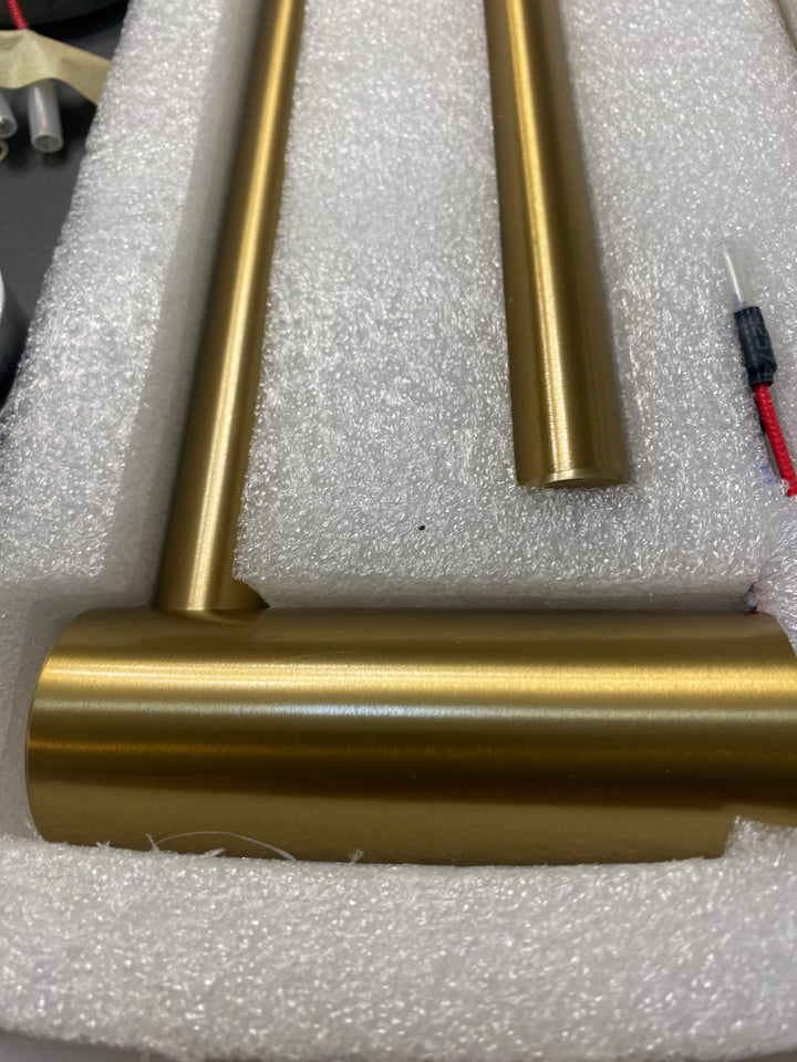 Brushed gold CSA clean sleek euro design hardwire towel warmer
