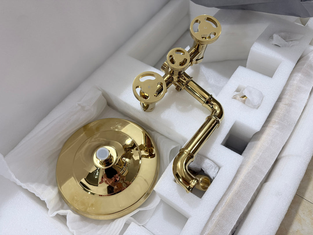 Gold Polished Exposed Victorian Industrial Shower System Kit