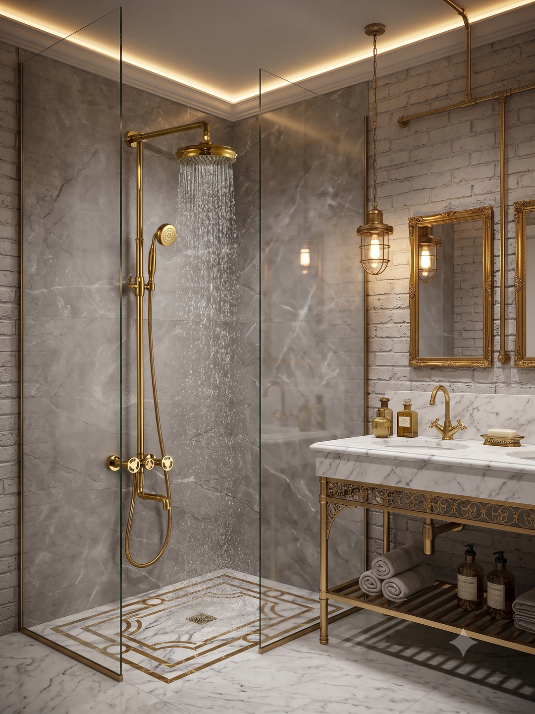 Gold Polished Exposed Victorian Industrial Shower System Kit