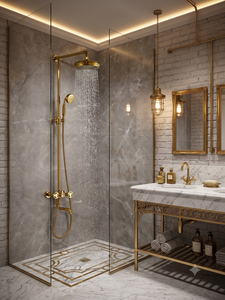 Gold Polished Exposed Victorian Industrial Shower System Kit