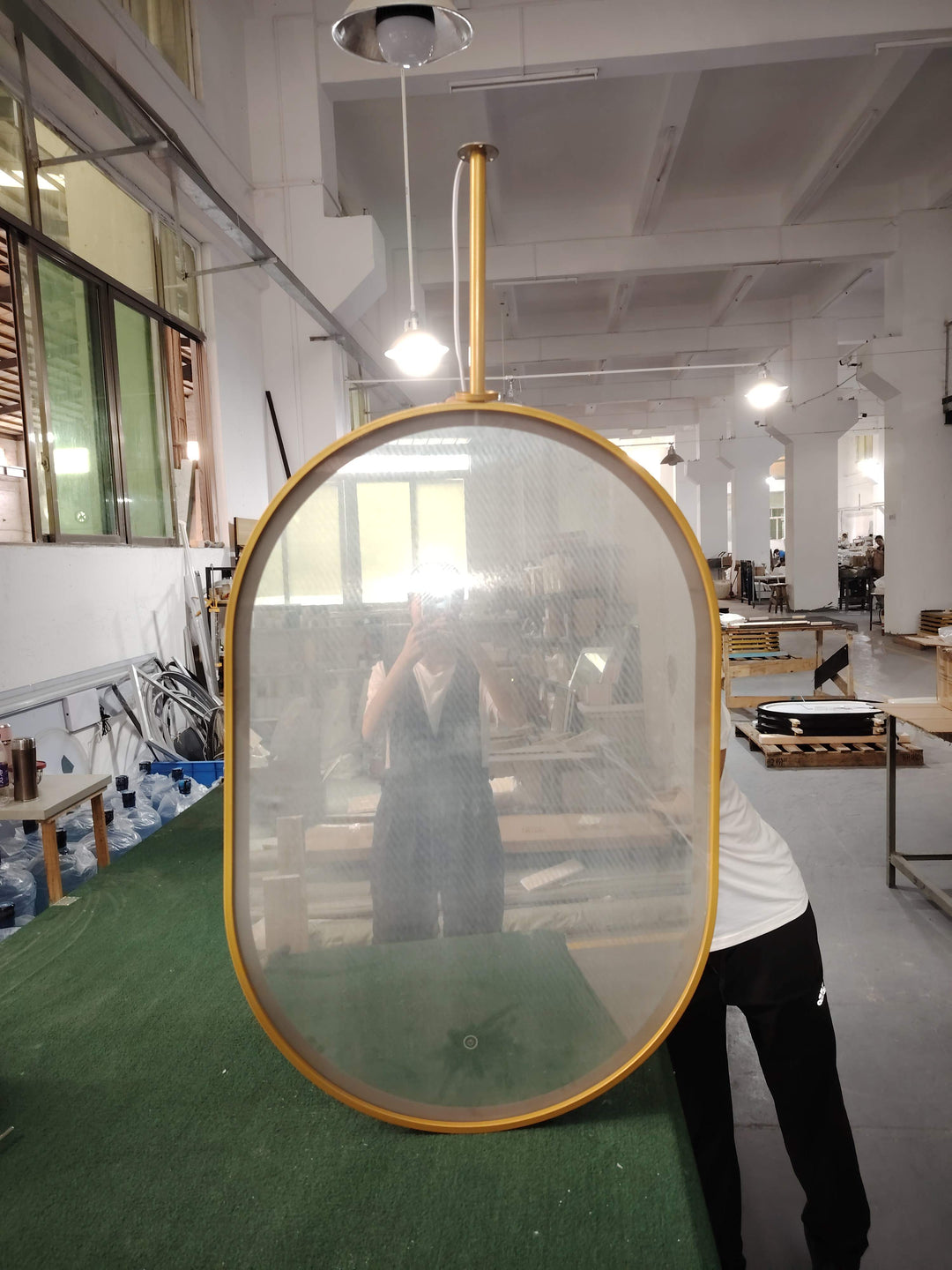 STOCK -Brushed Gold Oval ceiling mount bathroom mirror NO LED 20"x36"X 10"