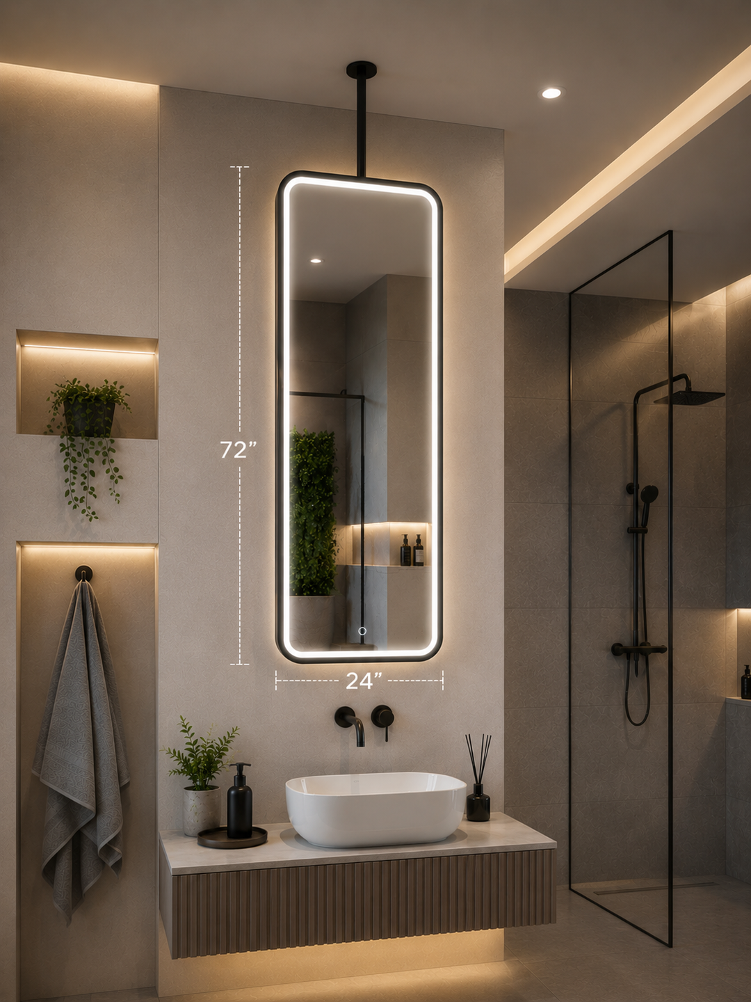 XL IBIZA ceiling suspended Bathroom-Showroom or Retail Celing Mounted Mirror 1 side LED 24"x72"