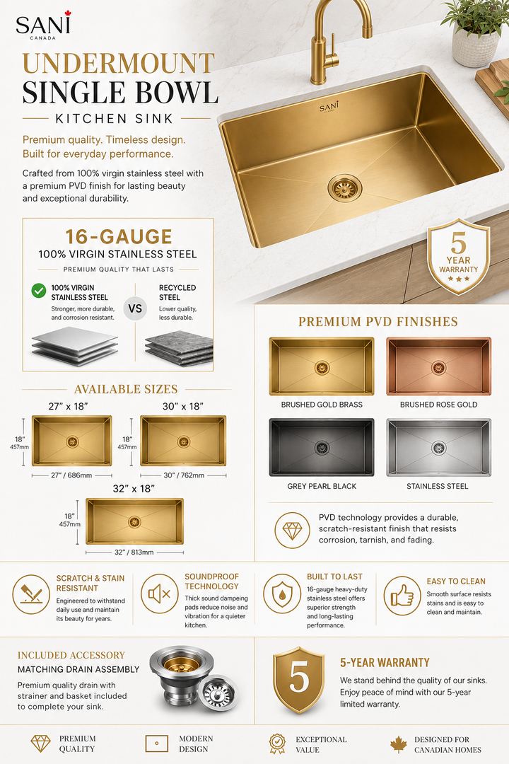Brushed Brass-16 Gauge Commercial Grade Kitchen Sink Single Bowl 304 Stainless Steel with Nano Coated Technology