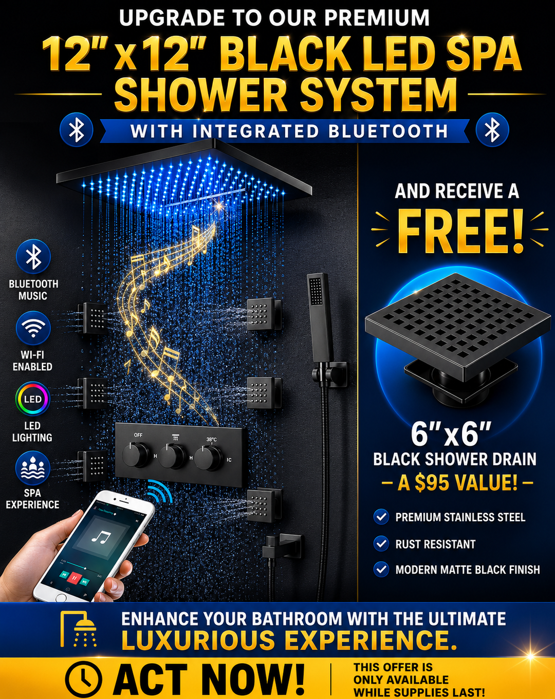 Black 12"x12" Square SPA Ceiling Flushmount LED Rain head, Bluetooth Wifi Music 4 way function shower system kit