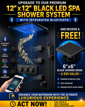 Black 12"x12" Square SPA Ceiling Flushmount LED Rain head, Bluetooth Wifi Music 4 way function shower system kit