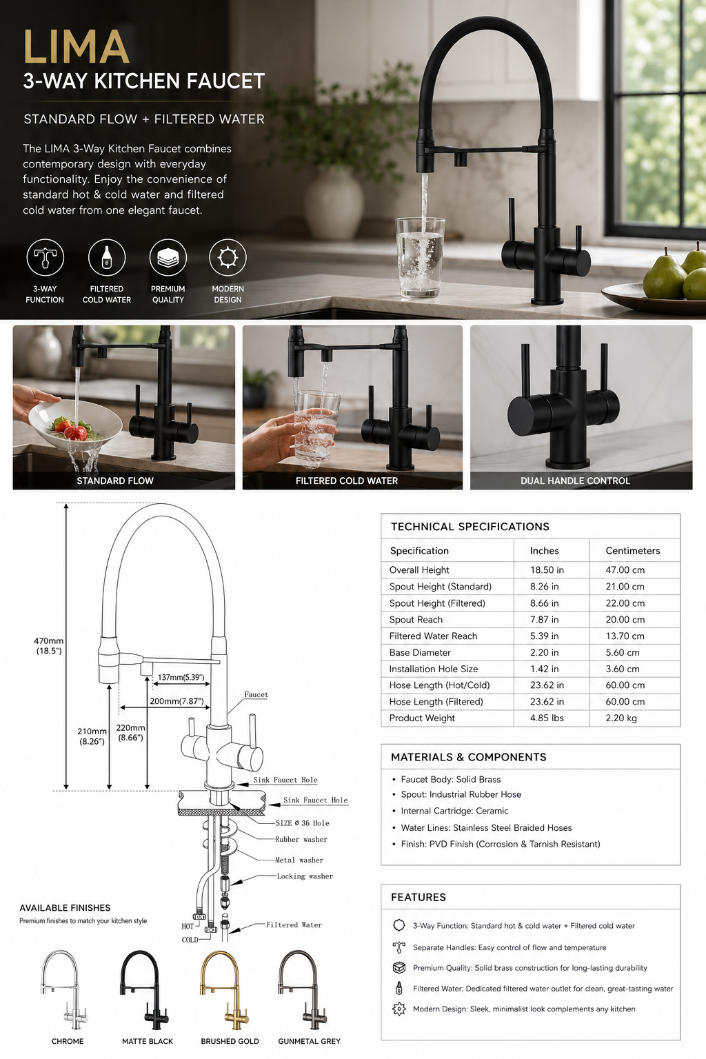 LIMA-3 Ways Kitchen Faucet Mixer Black Hose Mount Pull Out Dual Spray Nozzle Water Kitchen Taps