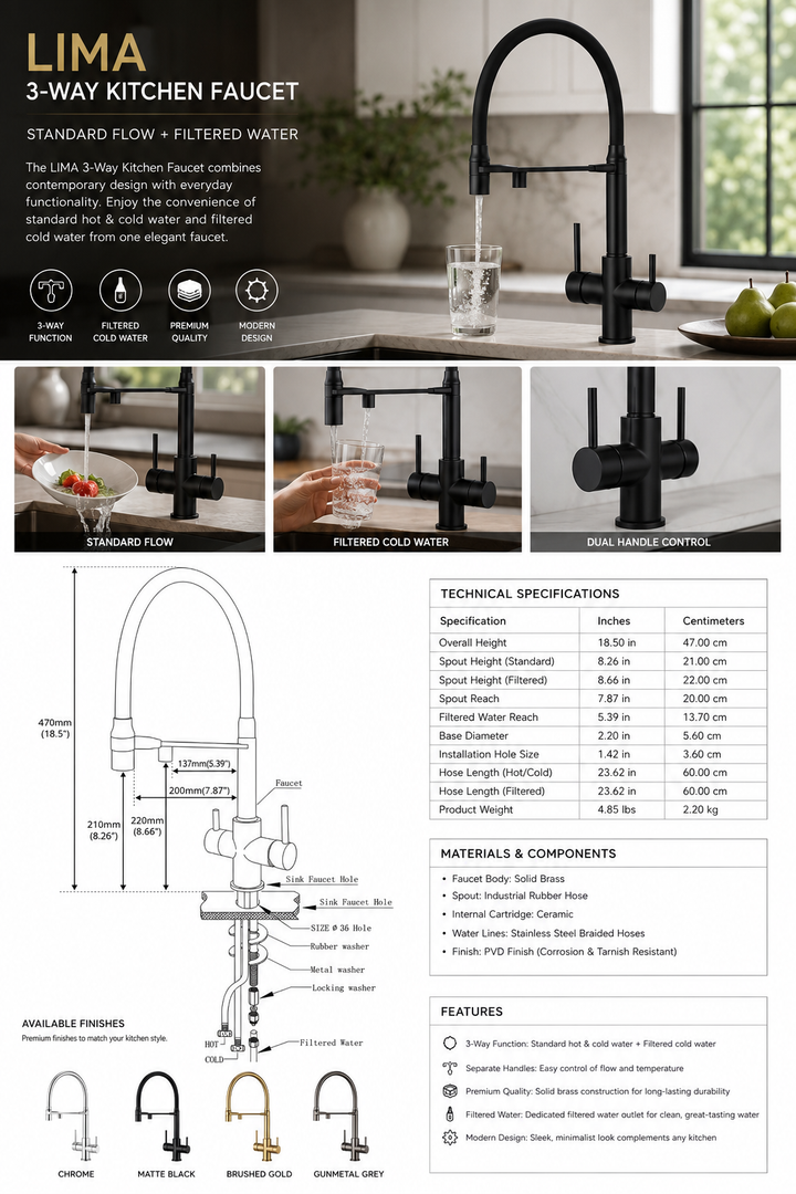 LIMA-3 Ways Kitchen Faucet Mixer Black Hose Mount Pull Out Dual Spray Nozzle Water Kitchen Taps
