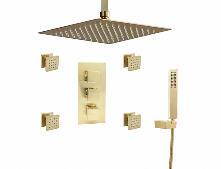 Ensemble de douche thermostatique spa à 4 fonctions avec pomme de douche à effet pluie de 12 po Louis XIV en or brossé CSA