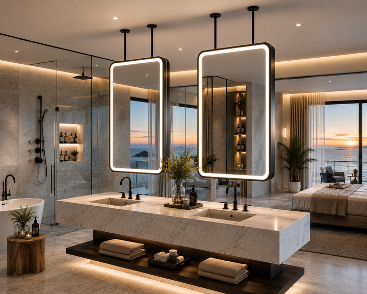 STOCK READY TO SHIP -MARBELLA 1- Black Matte-Rectangular 1 Side glass pendant celling mounted bathroom LED mirror