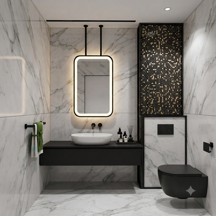STOCK READY TO SHIP -MARBELLA 1- Black Matte-Rectangular 1 Side glass pendant celling mounted bathroom LED mirror