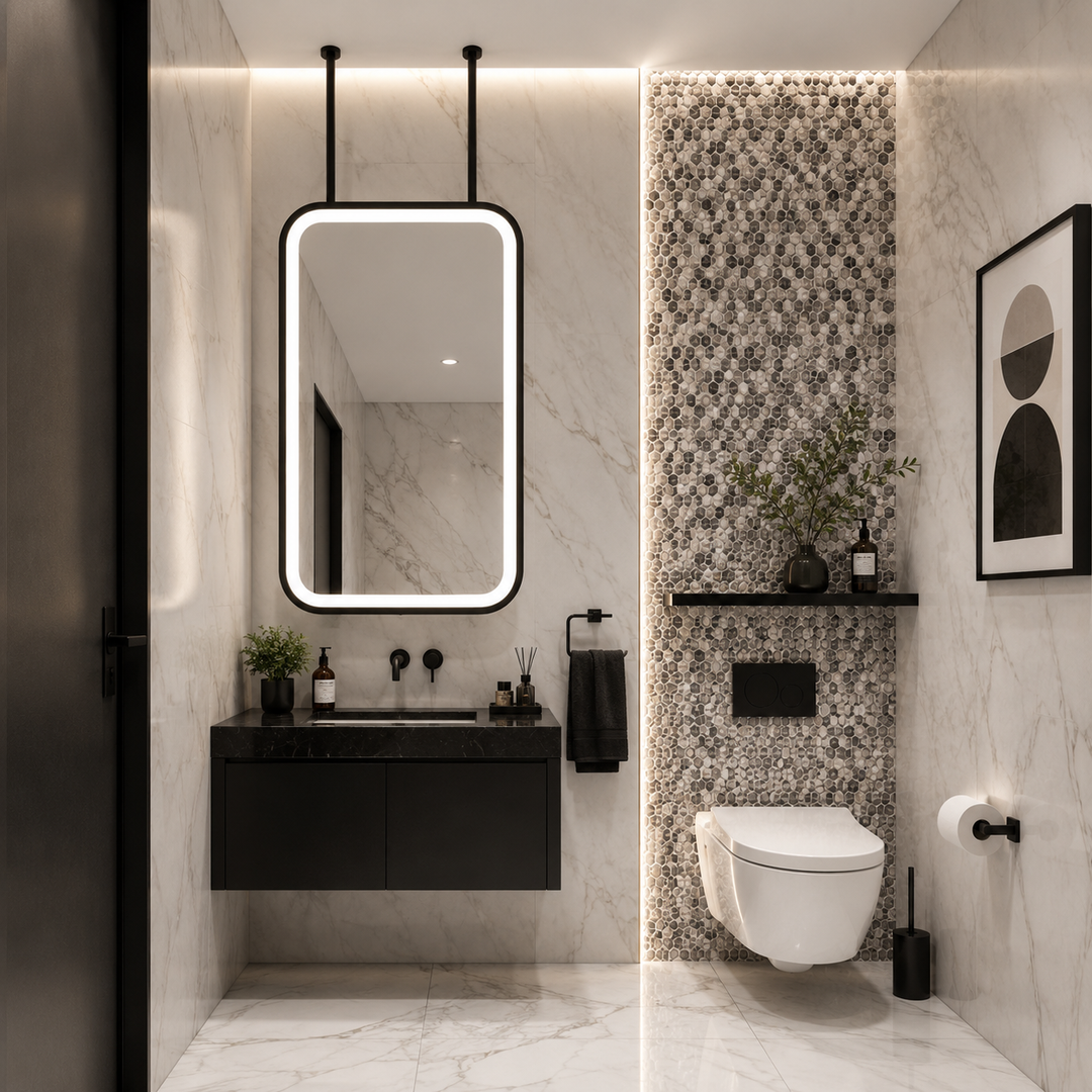 STOCK READY TO SHIP -MARBELLA 1- Black Matte-Rectangular 1 Side glass pendant celling mounted bathroom LED mirror