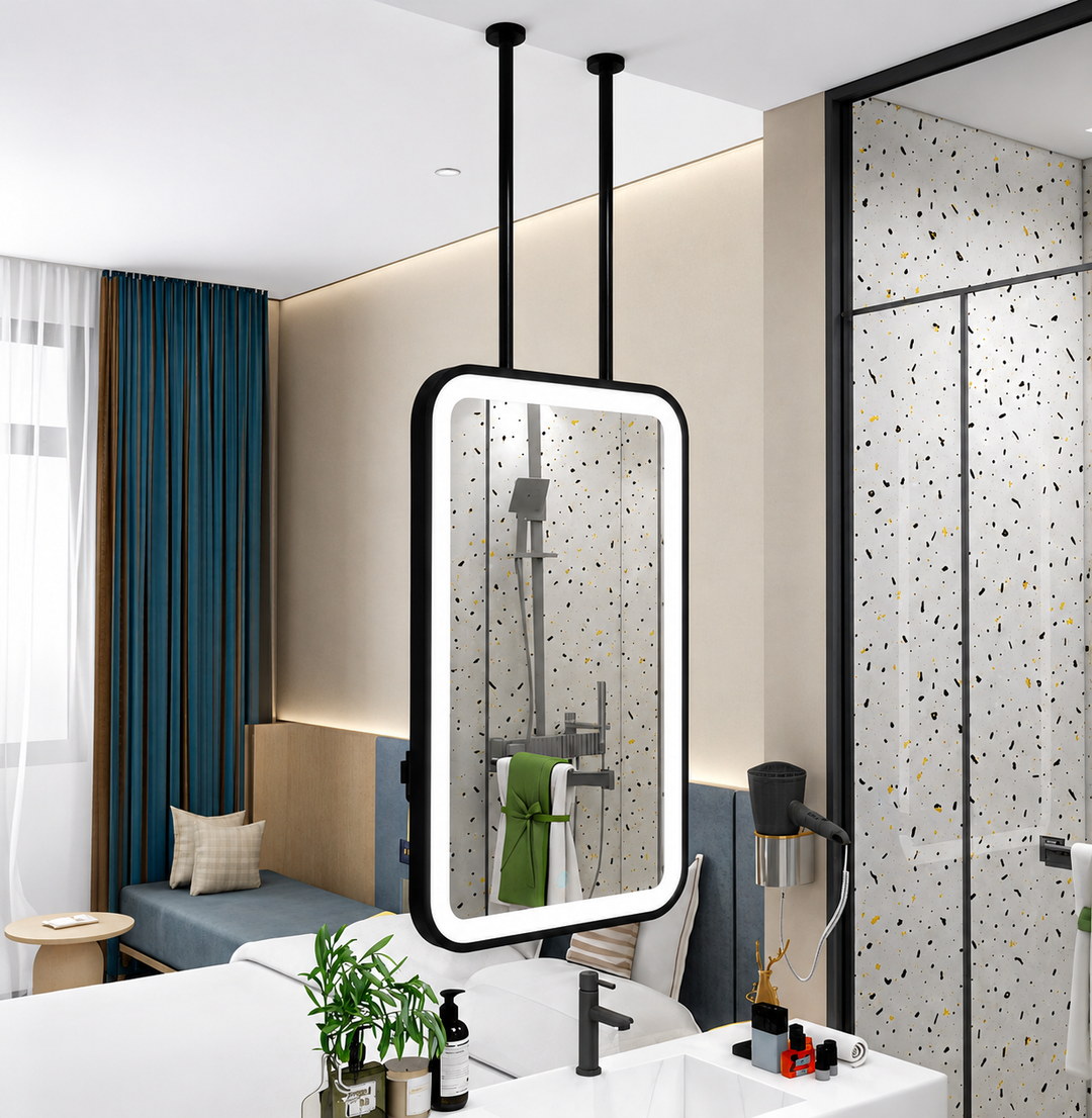 STOCK READY TO SHIP -MARBELLA 1- Black Matte-Rectangular 1 Side glass pendant celling mounted bathroom LED mirror
