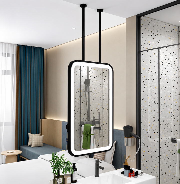 STOCK READY TO SHIP -MARBELLA 1- Black Matte-Rectangular 1 Side glass pendant celling mounted bathroom LED mirror