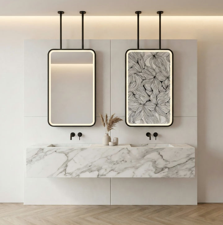 STOCK READY TO SHIP -MARBELLA Black Matte-Rectangular 1 Side pendant celling mounted bathroom LED mirror