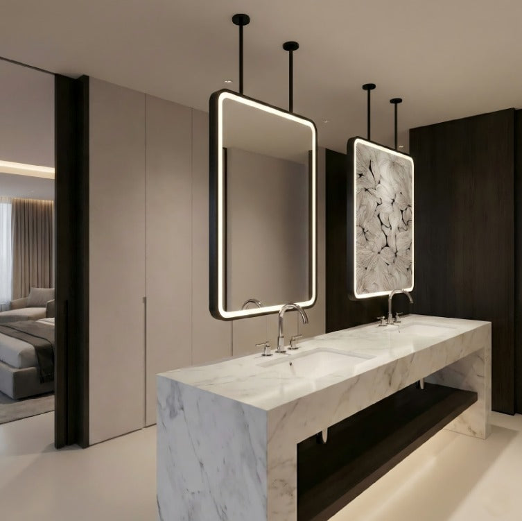STOCK READY TO SHIP -MARBELLA Black Matte-Rectangular 1 Side pendant celling mounted bathroom LED mirror