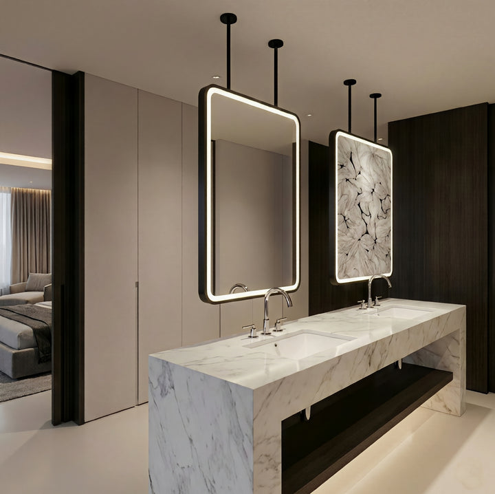 STOCK READY TO SHIP - MARBELLA 2 - Black Rectangular Double 2 sided Glass pendant celling mounted LED Mirrors
