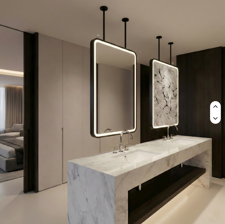STOCK READY TO SHIP - MARBELLA 2 - Black Rectangular Double 2 sided Glass pendant celling mounted LED Mirrors