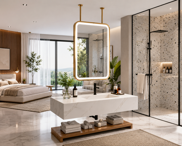 STOCK-MARBELLA-Brushed Gold- Portrait 1 Side Glass LED mirror celling mounted bathroom mirror 24"x54"