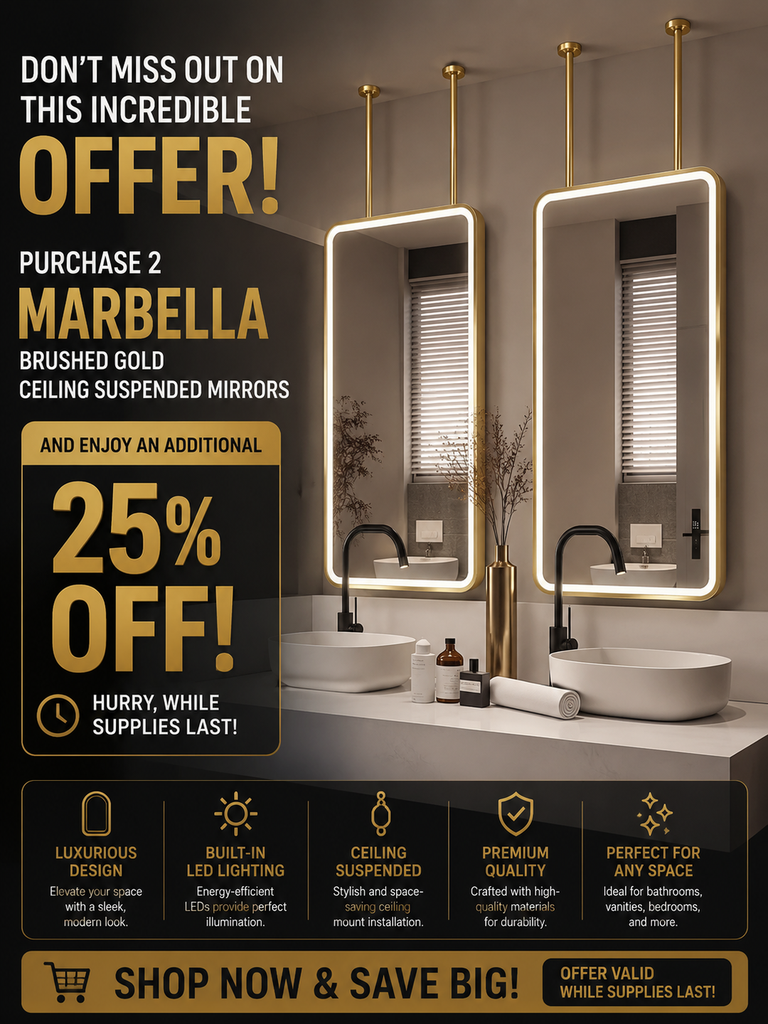 STOCK-MARBELLA-Brushed Gold- Portrait 1 Side Glass LED mirror celling mounted bathroom mirror 24"x54"