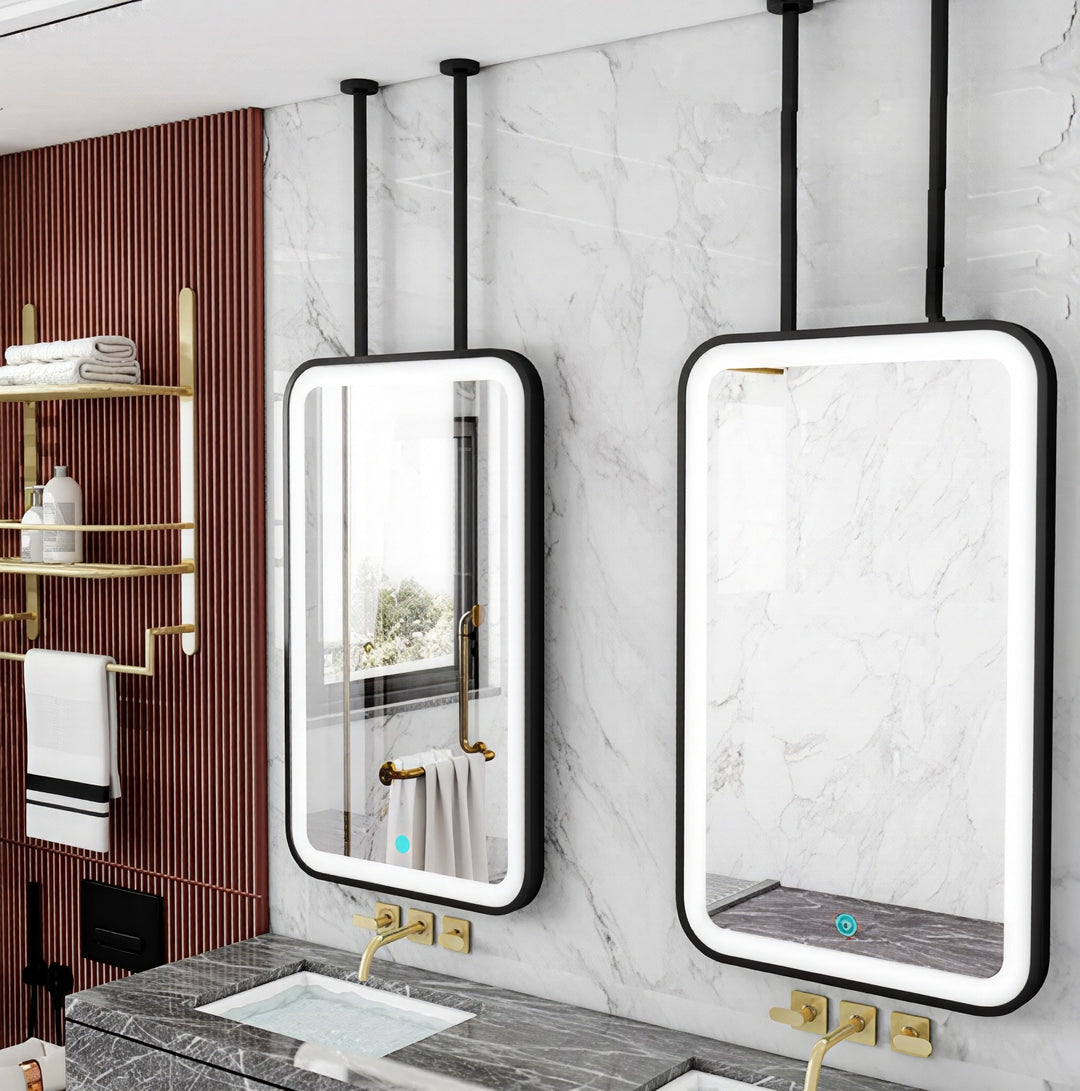 STOCK READY TO SHIP - MARBELLA 2 - Black Rectangular Double 2 sided Glass pendant celling mounted LED Mirrors