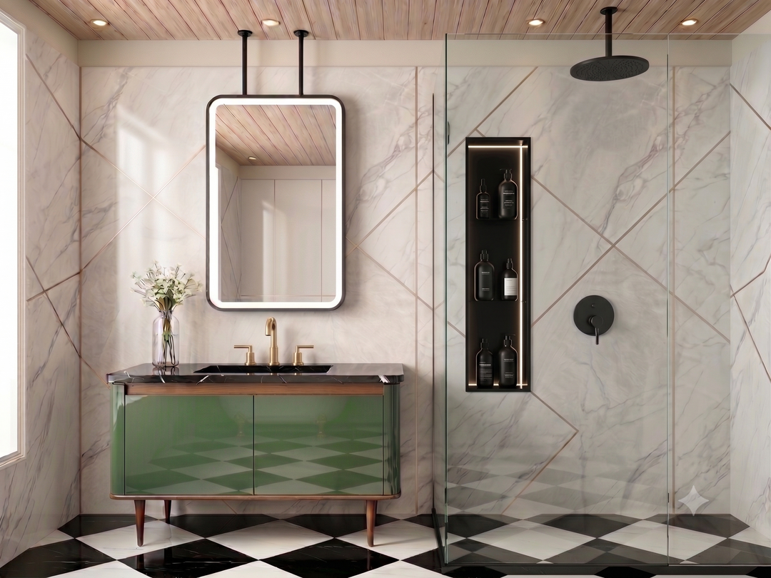 STOCK READY TO SHIP -MARBELLA 1- Black Matte-Rectangular 1 Side glass pendant celling mounted bathroom LED mirror