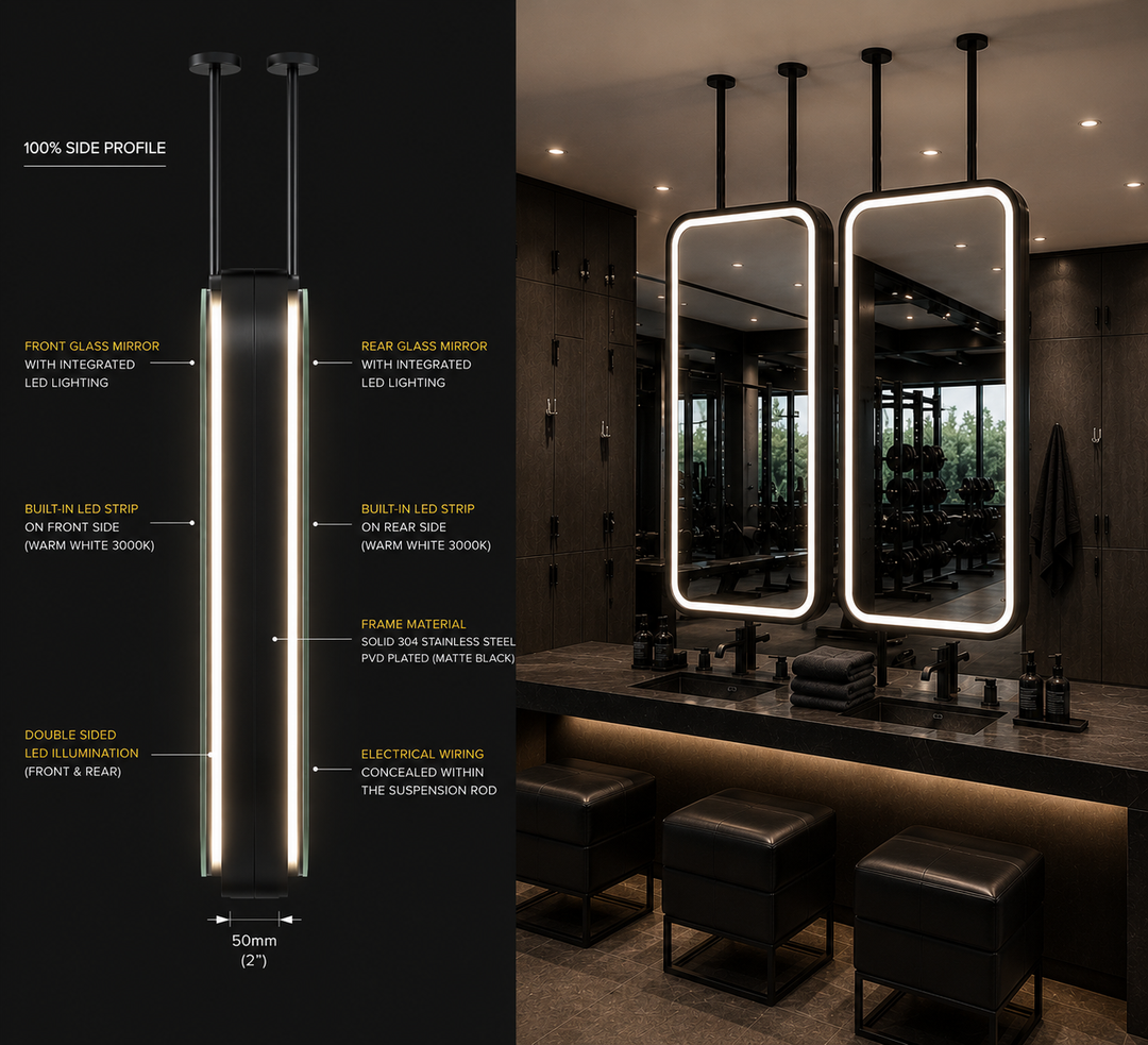 STOCK READY TO SHIP - MARBELLA 2 - Black Rectangular Double 2 sided Glass pendant celling mounted LED Mirrors
