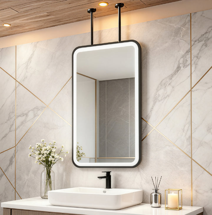 STOCK READY TO SHIP - MARBELLA 2 - Black Rectangular Double 2 sided Glass pendant celling mounted LED Mirrors