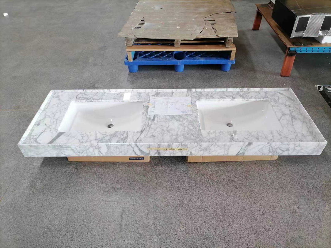 Sienna-Bathroom White Matte with Marble Natural Top Vanity completed Set with LED Mirror and Faucets