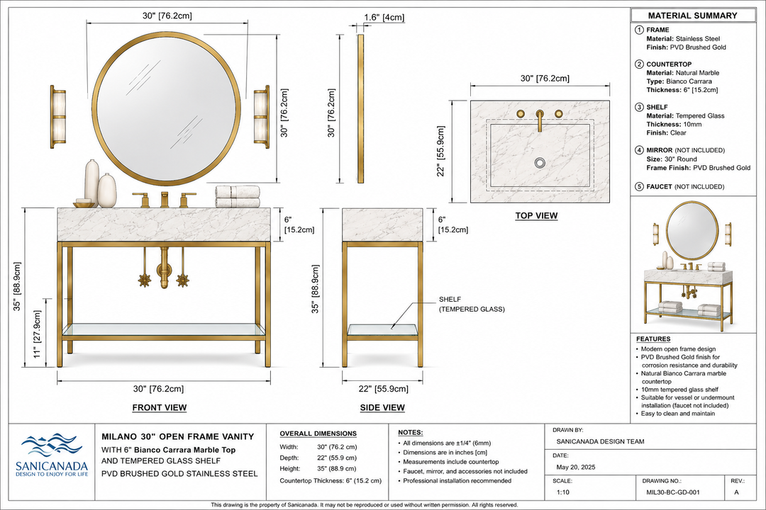 MILANO-Modern Exposed Console brushed gold steel with Carrera Marble vanity