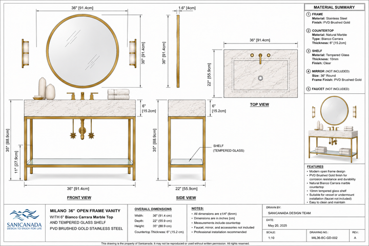 MILANO-Modern Exposed Console brushed gold steel with Carrera Marble vanity
