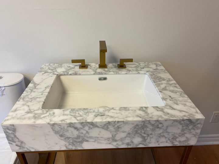 MILANO-Modern Exposed Console brushed gold steel with Carrera Marble vanity