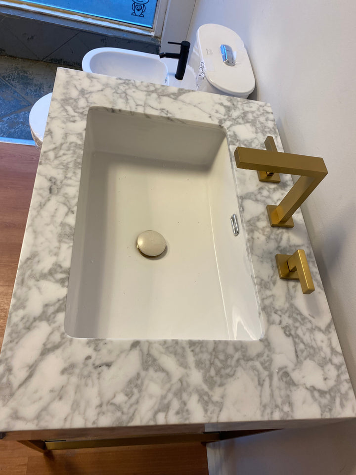 MILANO-Modern Exposed Console brushed gold steel with Carrera Marble vanity