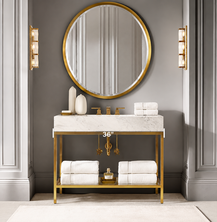 MILANO-Modern Exposed Console brushed gold steel with Carrera Marble vanity