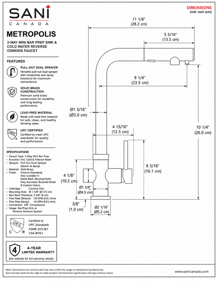 METROPOLIS-Bar 3 Way Reverse Osmosis Water Filter and Kitchen Pull Out Dual Sprayer Faucet