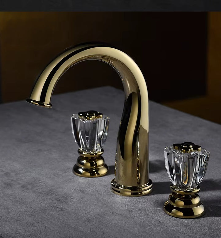 Elysee-Gold polished brass with swarosky crystal handles 8" inch wide spread bathroom faucet