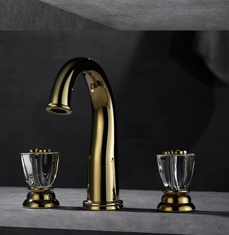Elysee-Gold polished brass with swarosky crystal handles 8" inch wide spread bathroom faucet