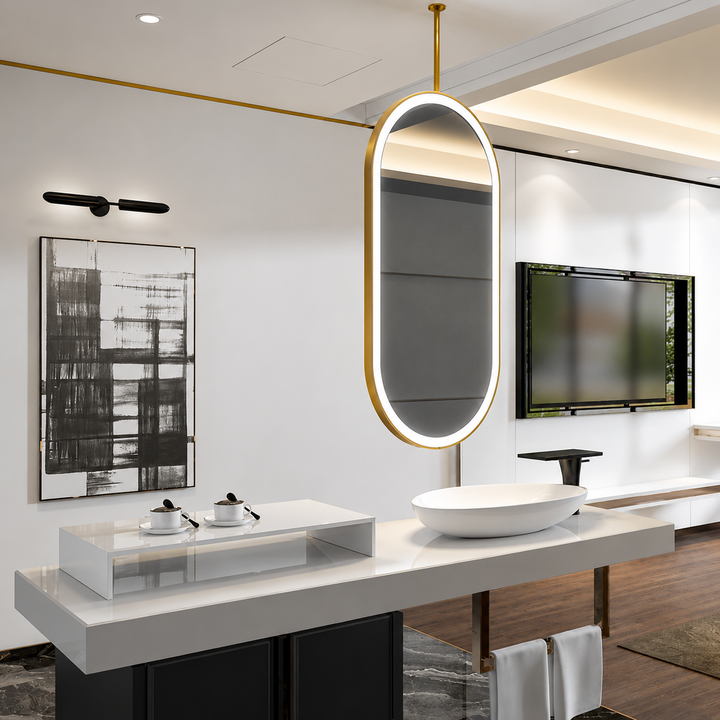 STOCK READY TO SHIP- PARIS I -Brushed Gold Oval One side Suspended Ceiling Mounted Bathroom LED Mirror 20"x40"