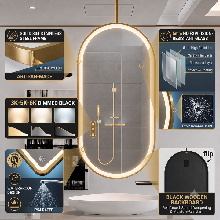 STOCK READY TO SHIP- Brushed Gold-Oval I side Mirrors Suspended Ceiling Mounted 24"x48"