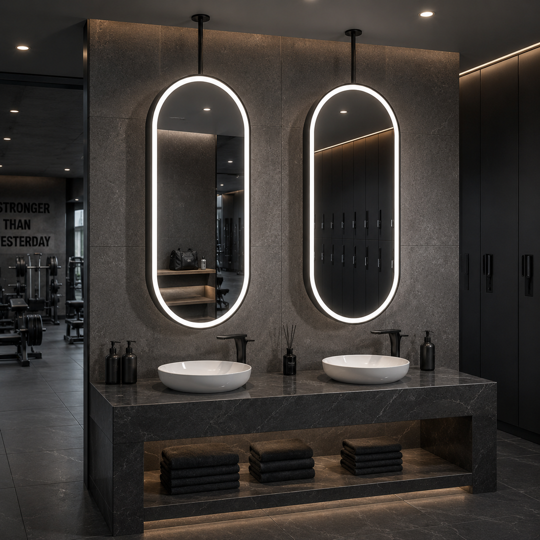 Custom-PARIS 1- Black Oval shape One Side Ceiling Mounted Oval Mirror Bathroom LED Sensor Full Length Mirror
