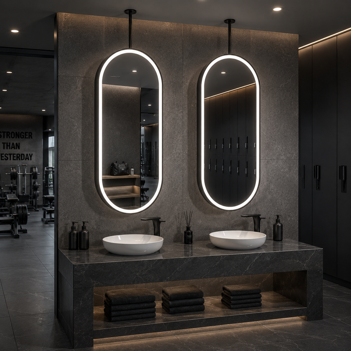 Custom-PARIS 1- Black Oval shape One Side Ceiling Mounted Oval Mirror Bathroom LED Sensor Full Length Mirror