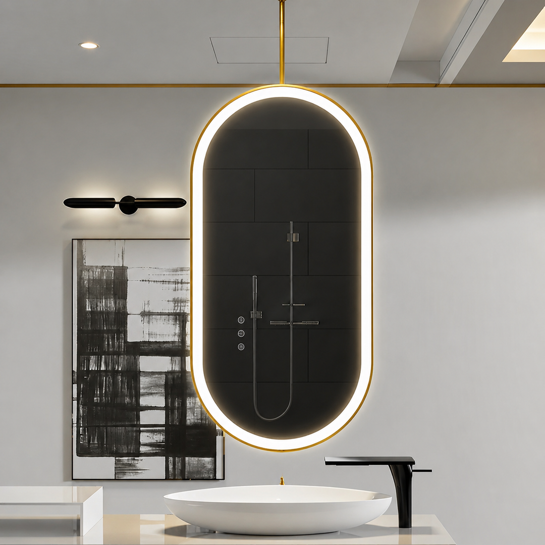 STOCK READY TO SHIP- Brushed Gold-Oval I side Mirrors Suspended Ceiling Mounted 24"x48"