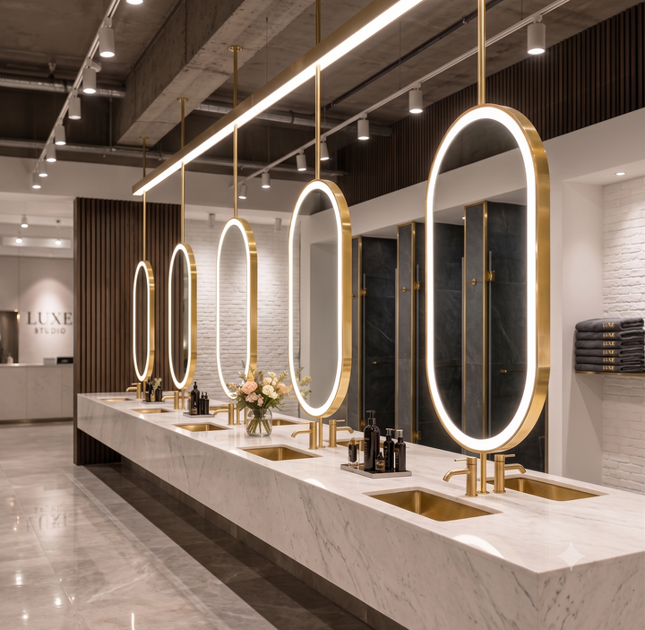 Custom-Double side Mirror-Brushed Gold-Oval Suspended Ceiling Mount Double Side LED Bathroom Mirror