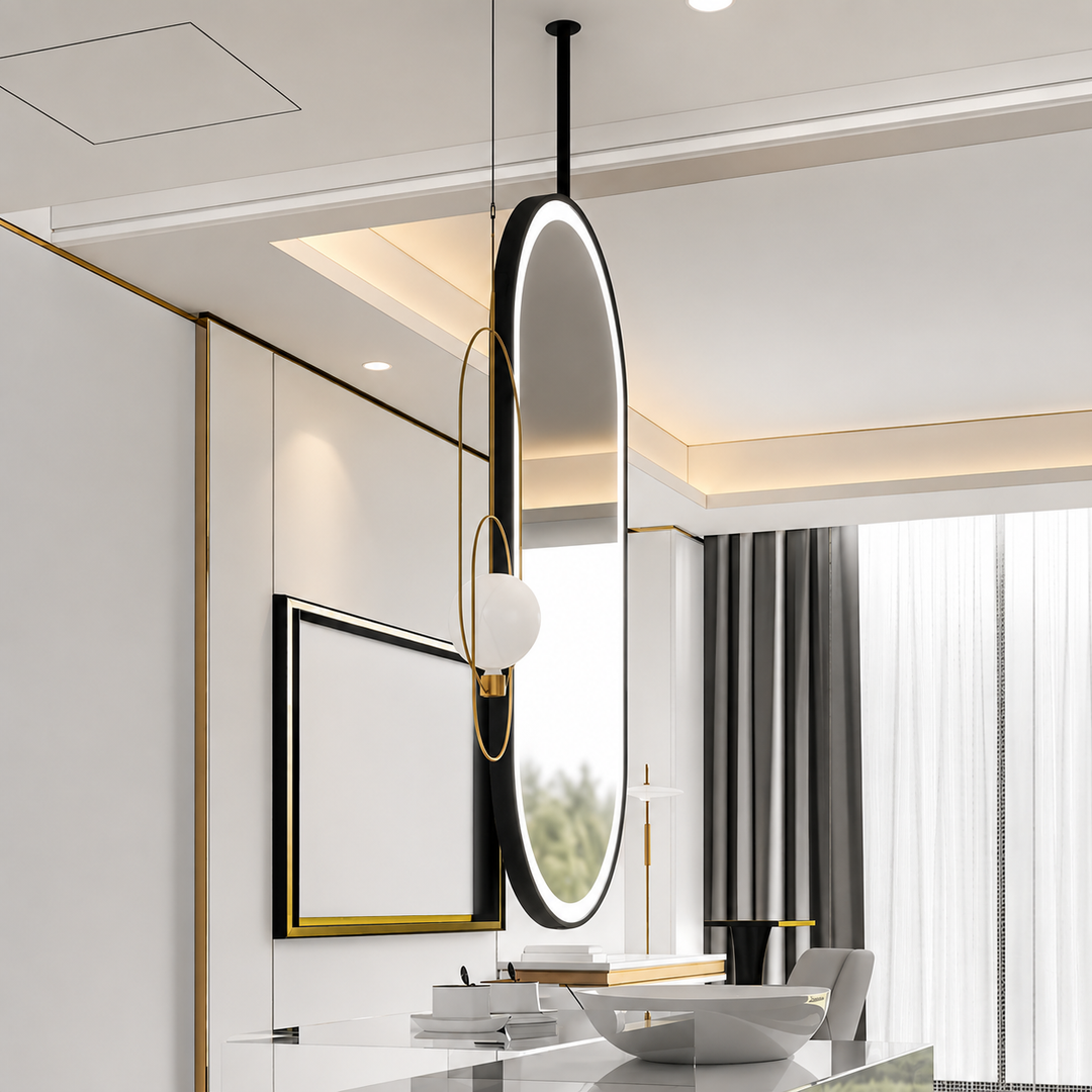Custom-PARIS 1- Black Oval shape One Side Ceiling Mounted Oval Mirror Bathroom LED Sensor Full Length Mirror
