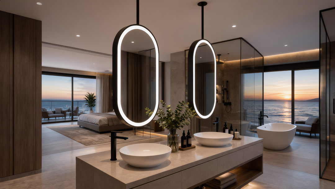 STOCK READY TO SHIP-PARIS Black- Oval -1 Side Ceiling Mounted Suspended LED Mirror