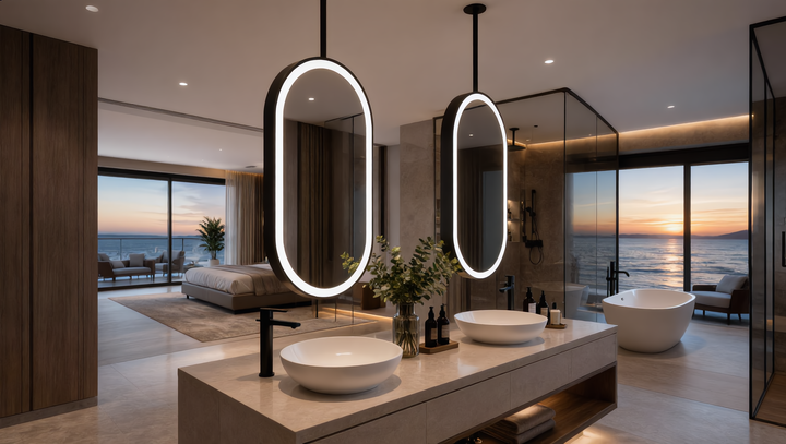 STOCK READY TO SHIP-PARIS Black- Oval -1 Side Ceiling Mounted Suspended LED Mirror