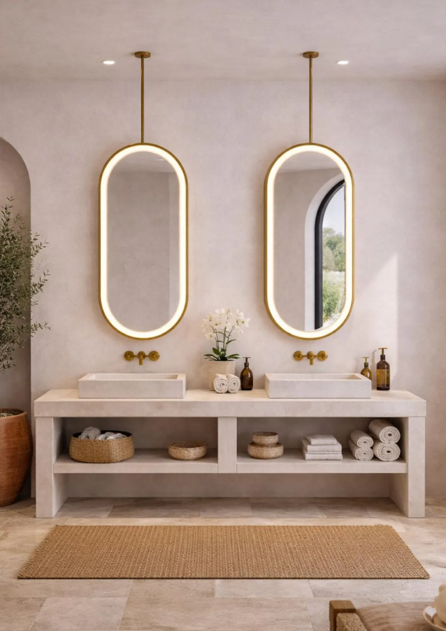 STOCK READY TO SHIP- PARIS II-Brushed Gold Oval One side Suspended Ceiling Mounted Bathroom LED Mirror 20"x40"