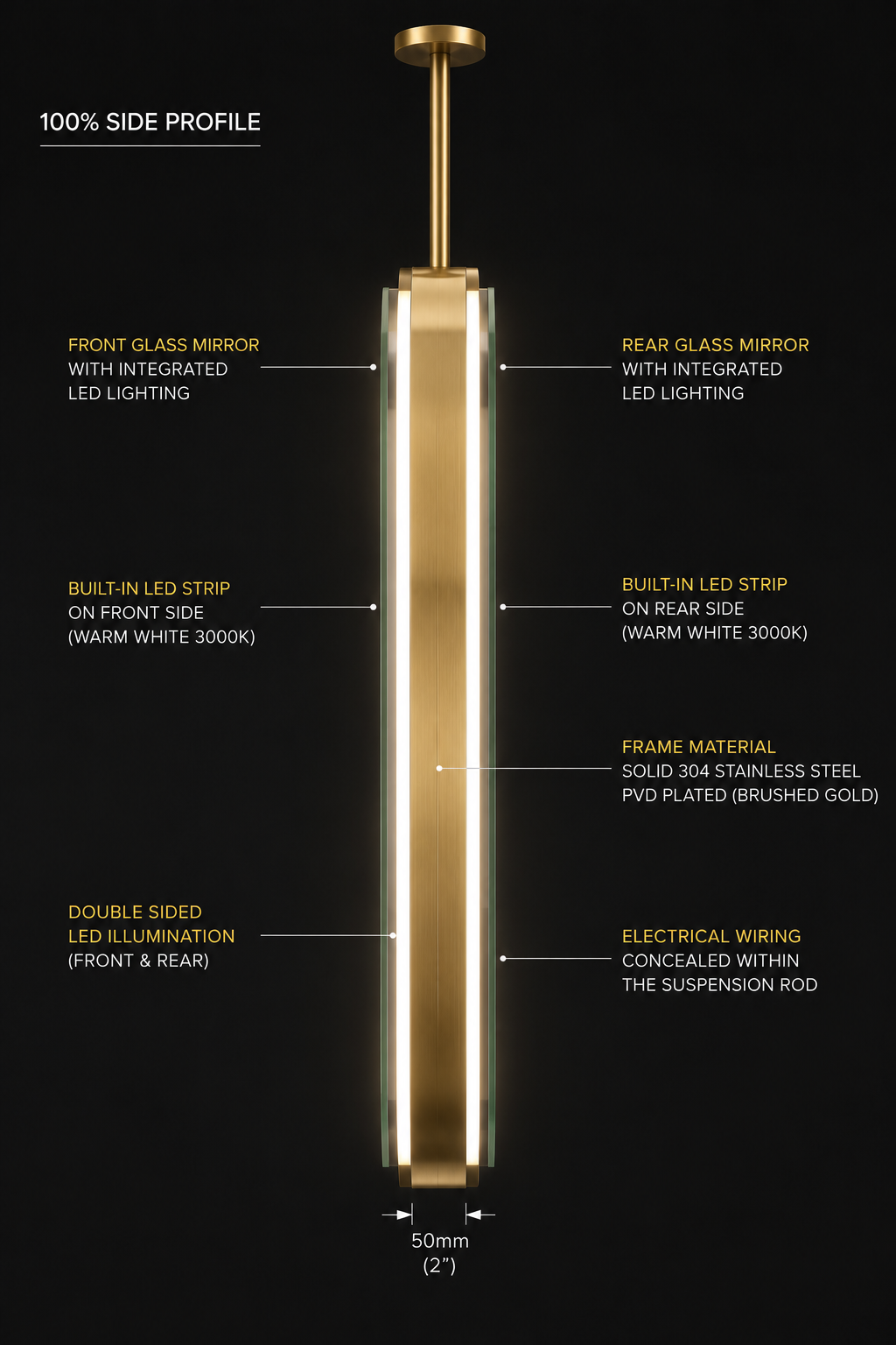 STOCK -Brushed gold-Oval ceiling DOUBLE Sided Suspended Ceiling LED Mirrors 30"x42"
