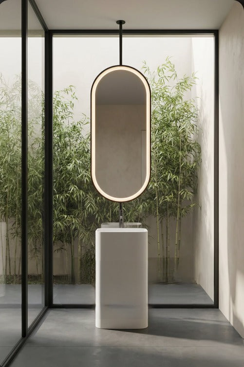 Custom-PARIS 1- Black Oval shape One Side Ceiling Mounted Oval Mirror Bathroom LED Sensor Full Length Mirror